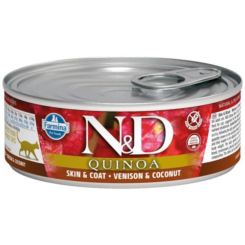 Farmina N&D Quinoa Skin & Coat Cat Venison 80g - bezzbożowa, mokra karma dla kotów dorosłych z problemami skórnymi, z jeleniem, komosą ryżową i kokosem