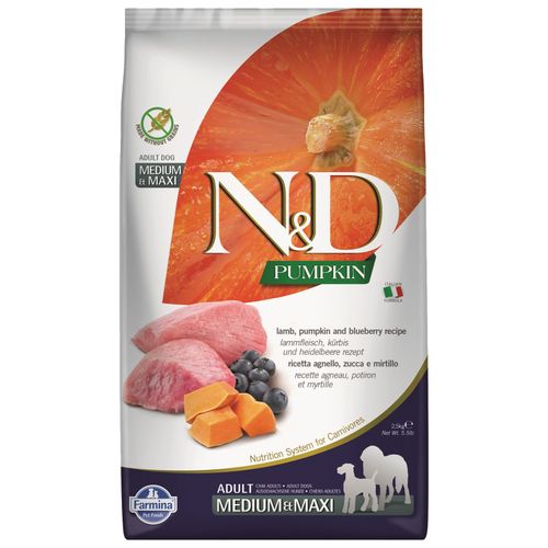 Farmina N&D Pumpkin Lamb & Blueberry Adult Medium & Maxi - karma dla dorosłych psów średnich i dużych ras, z dynią, jagnięciną i borówkami