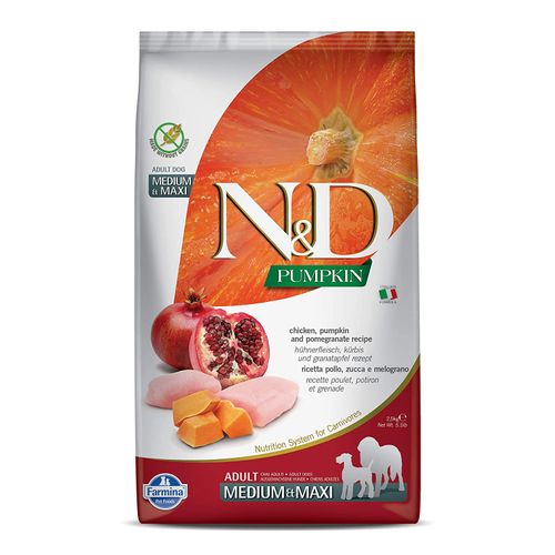 Farmina ND Pumpkin Chicken & Pomegranate Adult Medium & Maxi - pełnowartościowa, bezzbożowa karma dla dorosłych psów średnich i dużych ras, z dynią, kurczakiem oraz granatem