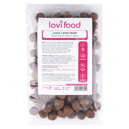 Lovi Food Łosoś z warzywami 100g - próbka karmy dla psa, bezzbożowa dla szczeniąt średnich i dużych ras