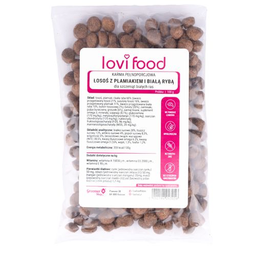 Lovi Food Łosoś z błękitkiem i plamiakiem 100g - próbka karmy dla psa, karma bezzbożowa dla szczeniąt białych ras