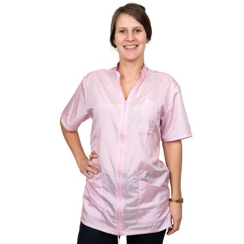 Tikima Lavezzi Shirt Pink - rozpinana bluza groomerska z krótkim rękawem, z haftem na plecach, różowa