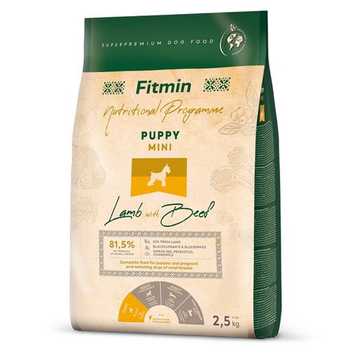 Fitmin Mini Puppy Lamb & Beef 2,5kg - pełnowartościowa karma dla szczeniąt oraz suk ciężarnych i karmiących, dla małych ras, jagnięcina z wołowiną