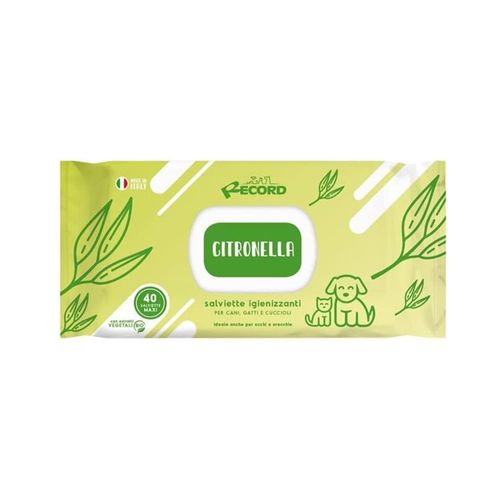 Record Salviette Citronella 40szt. - uniwersalne chusteczki do czyszczenia sierści, oczu, uszu psa i kota, o zapachu trawy cytrynowej