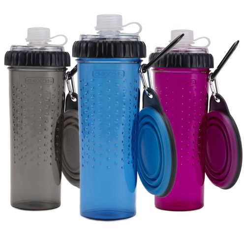 Dexas Snack-Duo Pet Bottle - dwukomorowa butelka na karmę i wodę (2x354ml), z miseczką silikonową (237ml)