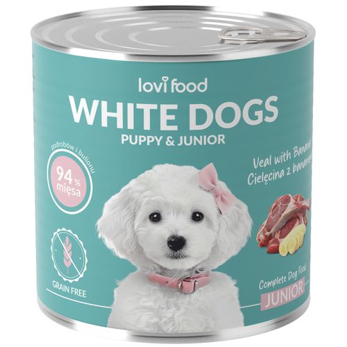 Lovi Food White Dogs Junior & Puppy Veal & Banana 800g - mokra karma dla szczeniaka i juniora, dla białych ras, z cielęciną i bananem