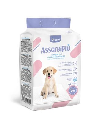 Record AssorbiPiu Puppy Pads 120x90cm - podkłady dla szczeniaka do nauki czystości, z plastrami mocującymi, 5 szt.