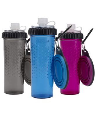 Dexas Snack-Duo Pet Bottle - dwukomorowa butelka na karmę i wodę (2x354ml), z miseczką silikonową (237ml)