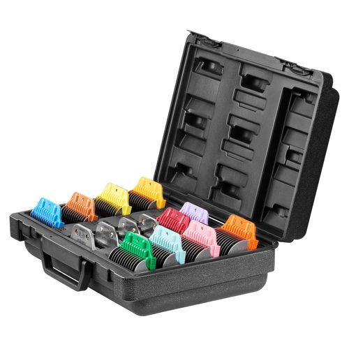 Heiniger Carry Case W Attachment Combs & Snap-on Blades - zestaw 4 ostrzy i 10 metalowych nasadek dystansowych w walizce