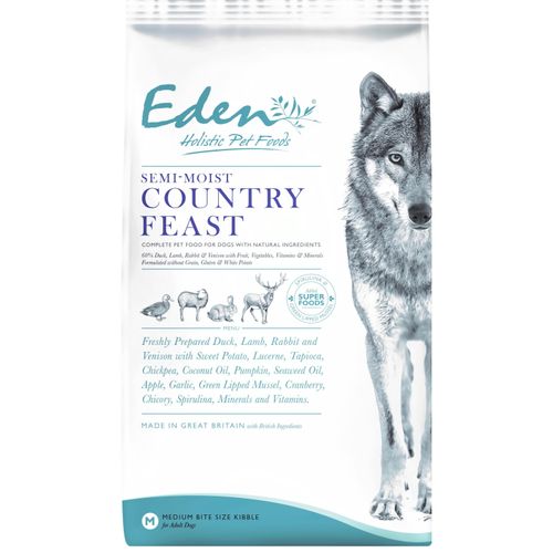 Eden Dog Semi Moist Country Feast - pełnowartościowa karma półwilgotna dla psa, bezzbożowa i bezglutenowa, wspiera układ moczowy i pokarmowy oraz stawy, z kaczką, jagnięciną, królikiem oraz dziczyzną - 6kg