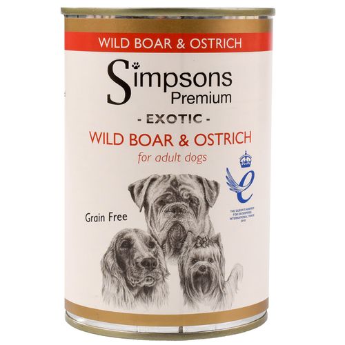 Simpsons Premium Wild Boar & Ostrich Casserole - mokra karma dla psa, z mięsem dzika, strusiem i ekologicznymi warzywami, bez zbóż
