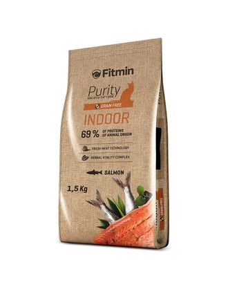 Fitmin Purity Indoor Salmon 1,5kg - pełnoporcjowa, bezzbożowa karma dla dorosłych kotów niewychodzących, z łososiem